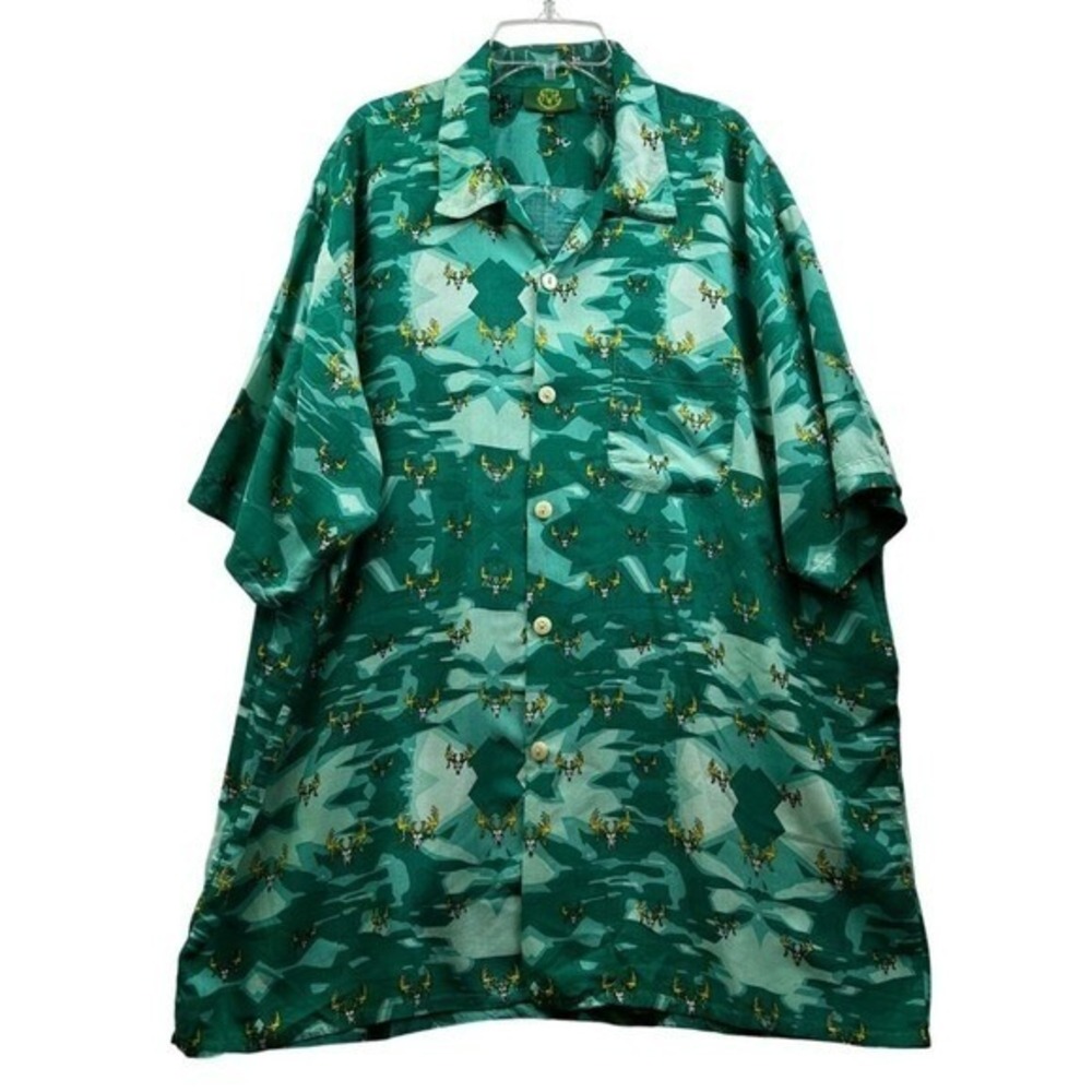 Trophy‎ Hunters Assoc Men's Hawaiian Shirt Green Camo Buck Skull Print XXL
